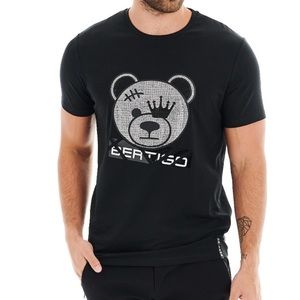 BERTIGO - Men Teddy Bear Black Graphic T Shirt Crystal Rhinestones 2XL